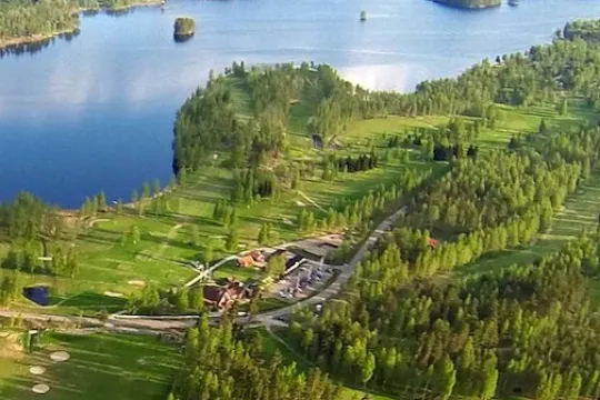 View over forest and lake.