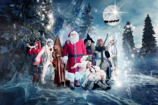 Santa and Fairytale characters in the forest in the winter night.