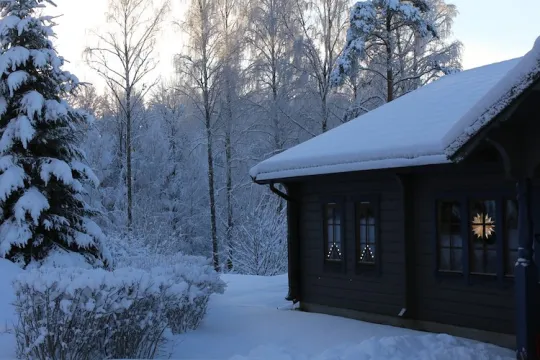 Stuga med snö på taket och snötäckta träd omkring.