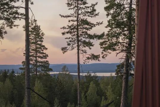 Utsikt över skog, sjö och blånande berg i solnedgången sommartid.