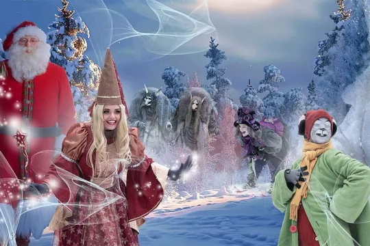 Santa and Fairytale characters in the forest in the winter night.