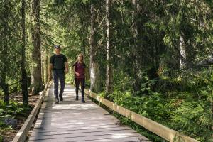 Man och kvinna vandrar i skog.