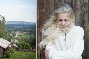 Collage: En liten stuga med utsikt från Dössberget, Malena Ernman står i blåst i vit tröja.