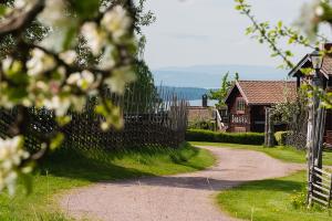 Vacker vy över Tällberg med gärdesgård, blommande träd och små stugor.