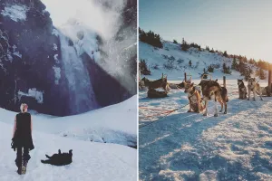 Collage med Maria Wettersskog framför Njupeskärs vattenfall och en samling med draghundar.
