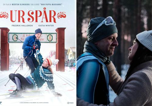 Collage: Filmaffish på två skidåkare i vasamålet, en man och kvinna kramas.