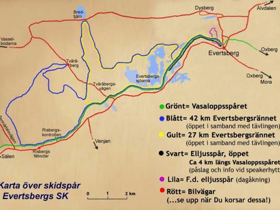 Karta över skidspår i Evertsberg