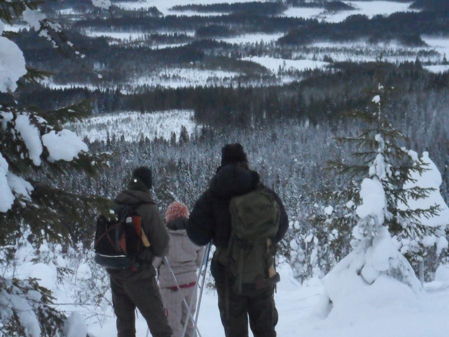 Snowshoe hiker looks out over nice view.