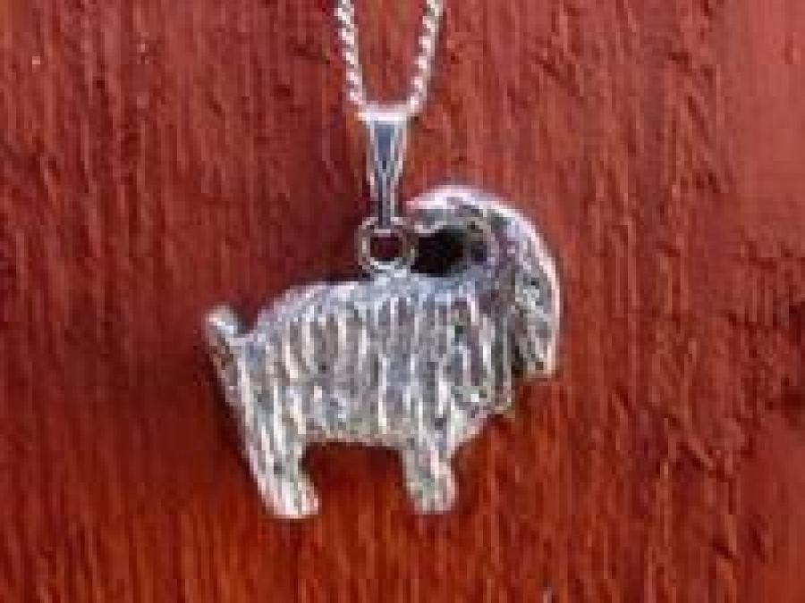 A silver piece of jewelery in the shape of a goat on a silver chain, red-painted wood in the background.
