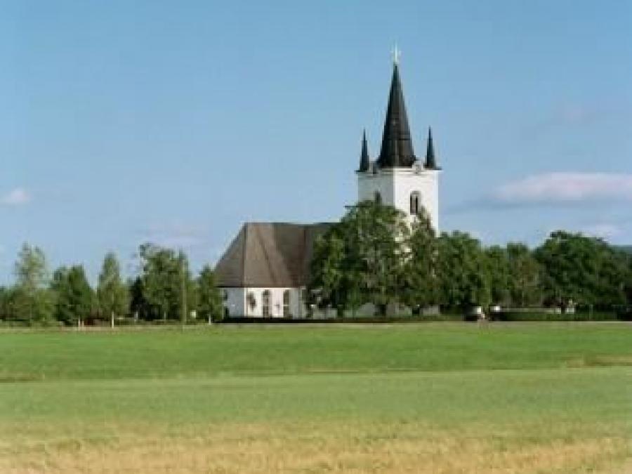Vetefält i framkant på bilden, den vita kyrkan mot en blå himmel.