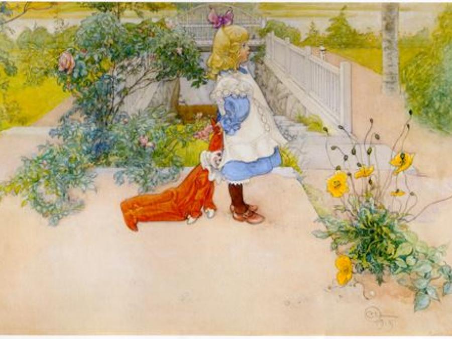 Målning av Carl Larsson på liten flicka bland blommor.