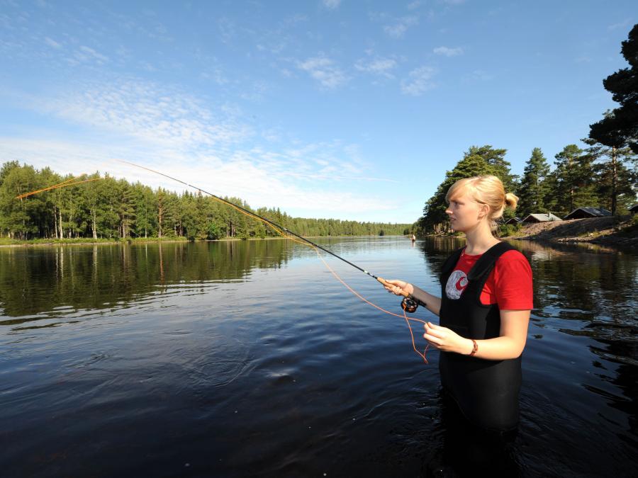 A girl fishing in a lake