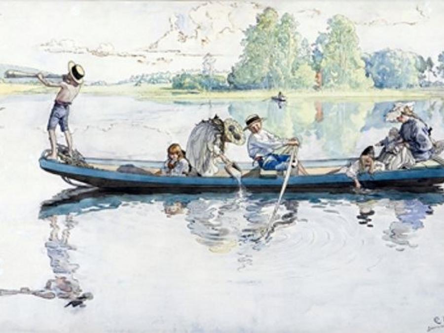Painting by Carl Larsson depicting children and adults in a boat on a lake.