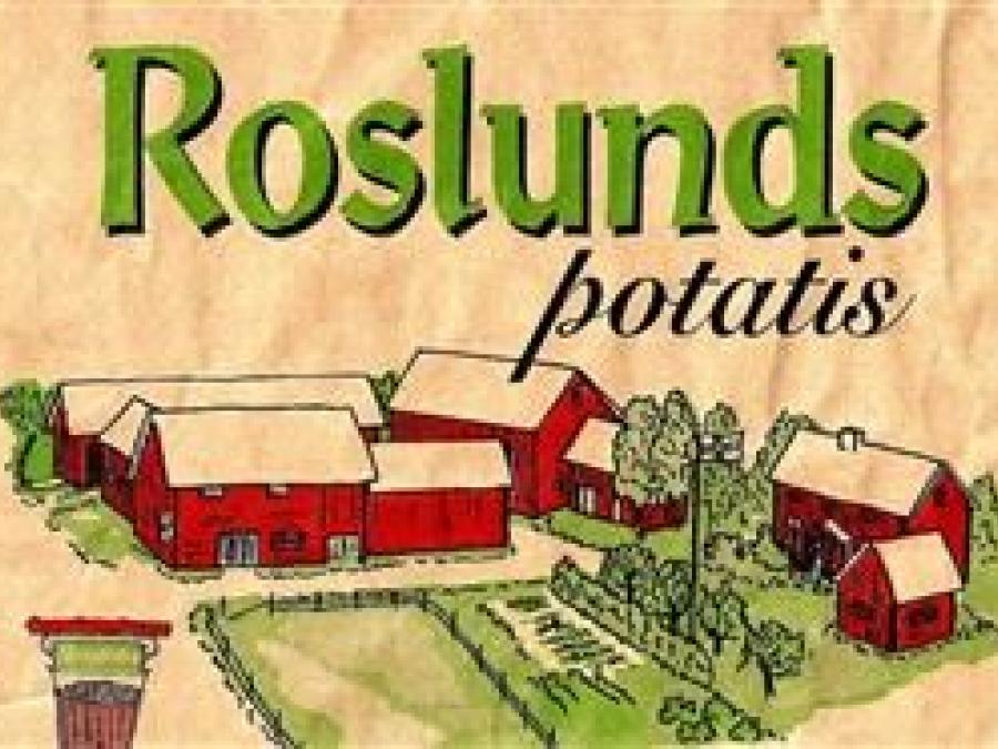 Tecknad bild i färg, text Roslunds potatis, flera röda hus och byggnader, gräsmattor och en hink med potatis.