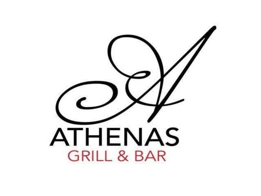 Logotype, white background Athenas in black letters, Grill & Bar in red letters.
