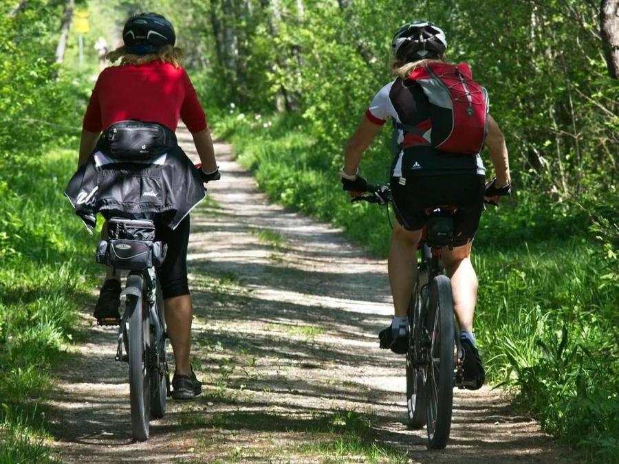 Två personer som cyklar efter gusväg med skog omkring. 