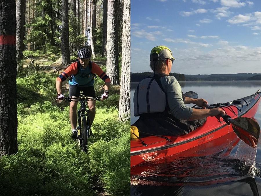 MTB cycling in the forest, Kayaking.