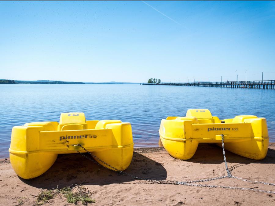Yellow pedal boats on the beach.