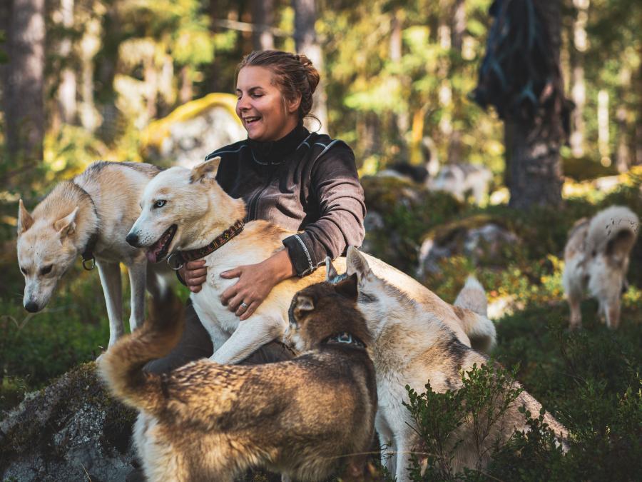 A woman with dogs in the forrest.