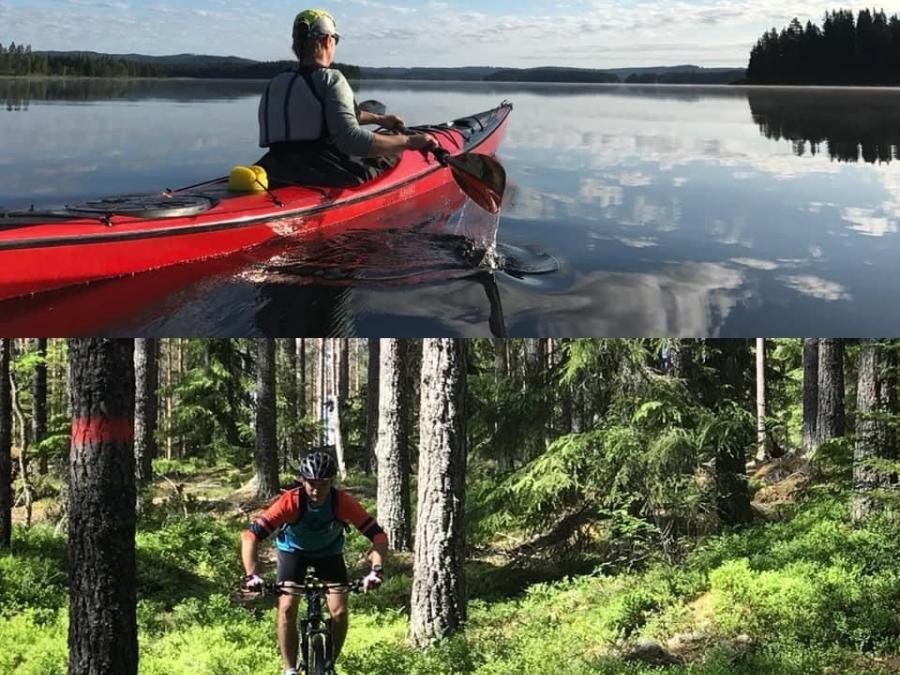 One kayaking and one cycling in the forest.