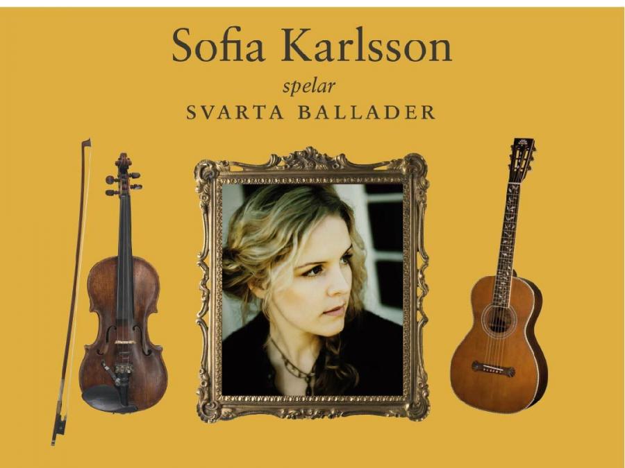Affisch med gul bakgrund och bild på Sofia Karlsson i mitten och två fioler på var sin sida om bilden.