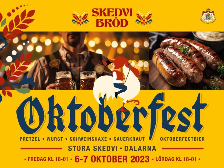 Affisch, gul bakgrund, bild på korv och servitör med ölsejdlar, Oktoberfest med blå text, text om evenemanget.