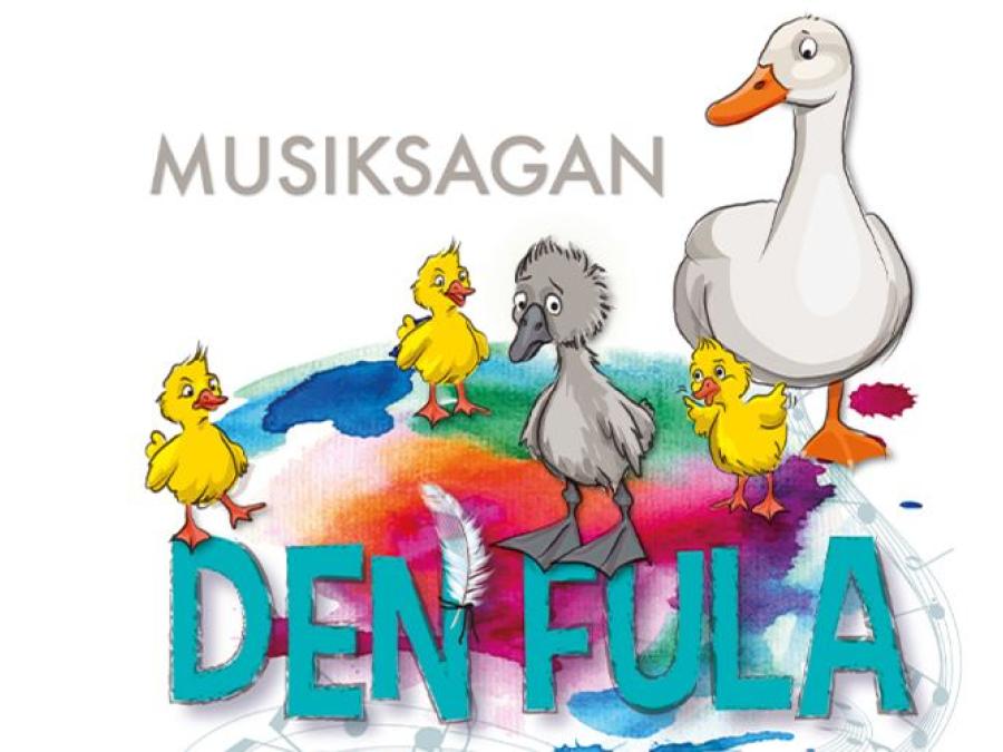 En animerad bild, tre gula ank ungar och en grå ankunge, mamma anka, text musiksagan Den fula.