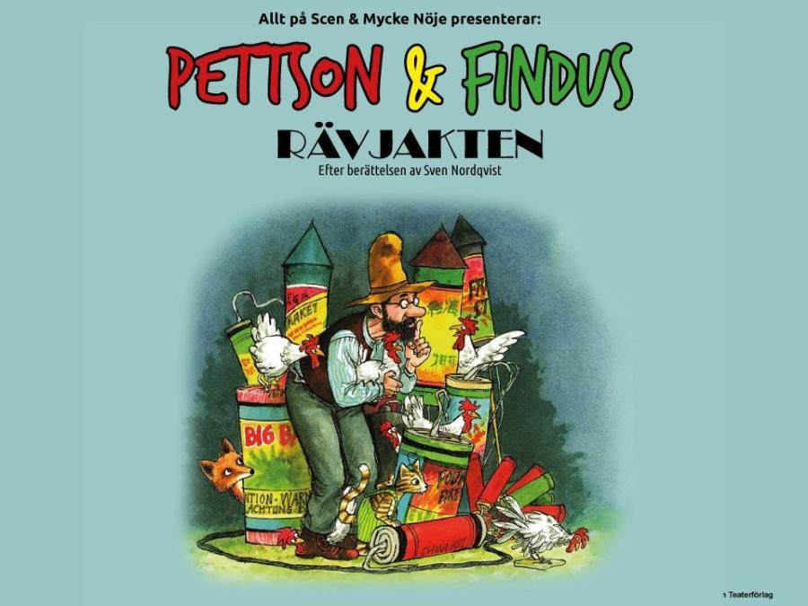 En animation, gubben Pettsson, Findus, hönor och fyrverkeripjäser, text i rött, gult och grönt.