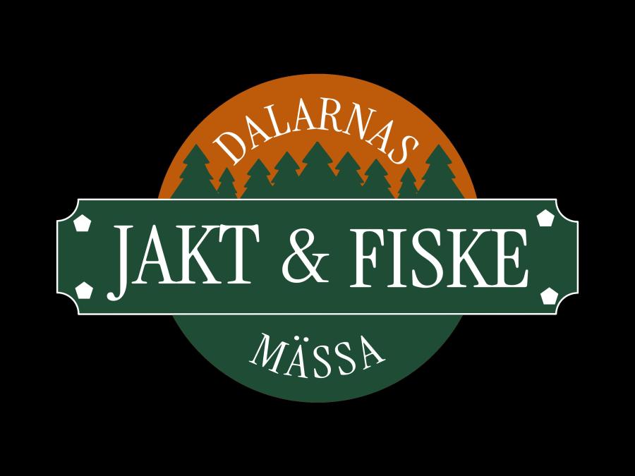 Logotype, En rund logga, orange och grön, gröna träd, text Dalarnas jakt och fiskemässa.