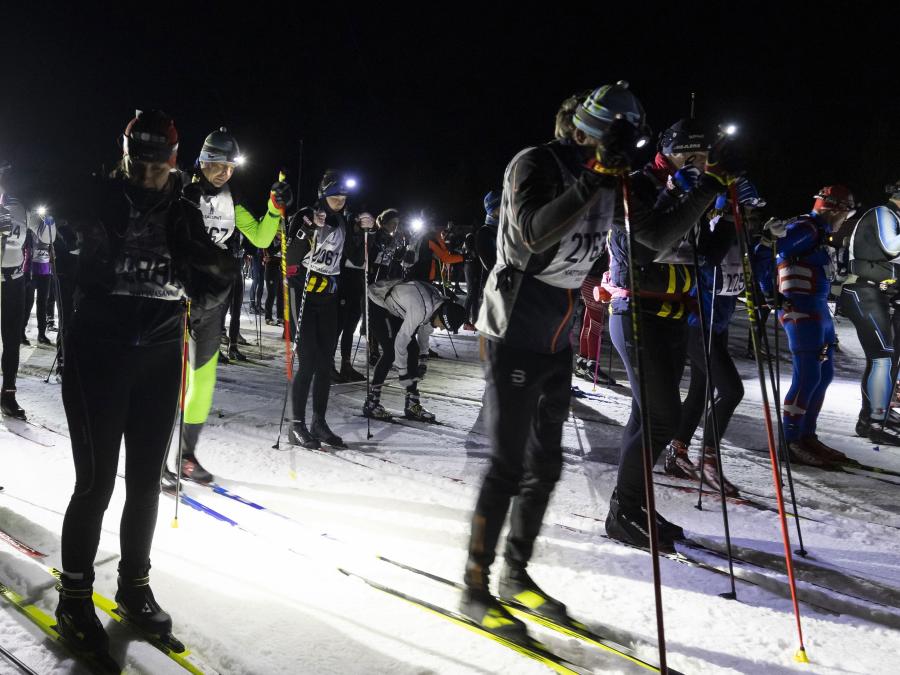 Skiers in the night.