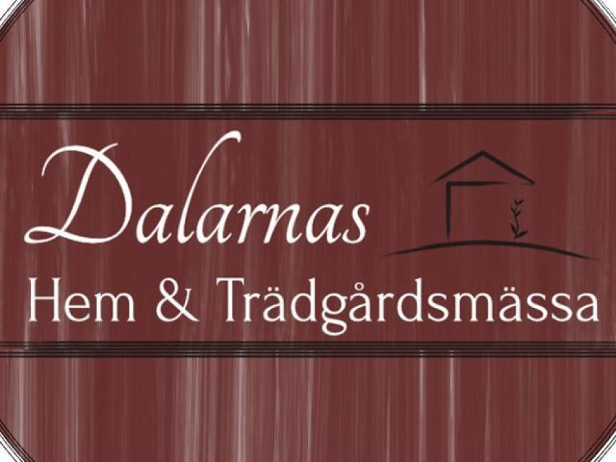 Logotype, röd bakgrund, en tecknad siluett av ett hus, vit text, Dalarnas hem & trädgårdsmässa.