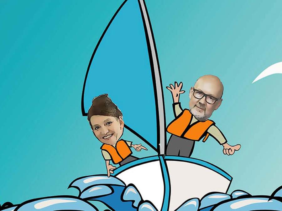 En animerad bild på en liten segelbåt, foton på en man och en kvinna är inklippta.