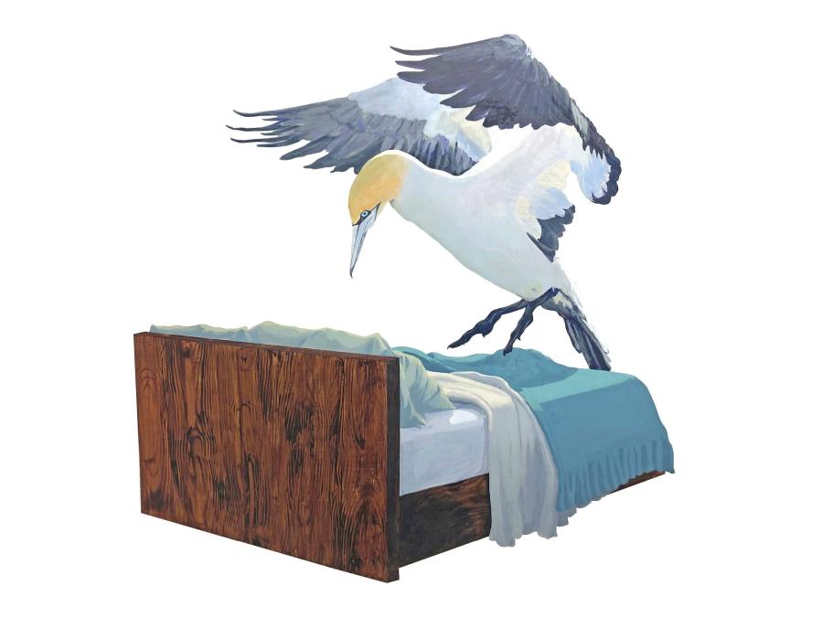 En målning av en stor fågel som står i en säng.
