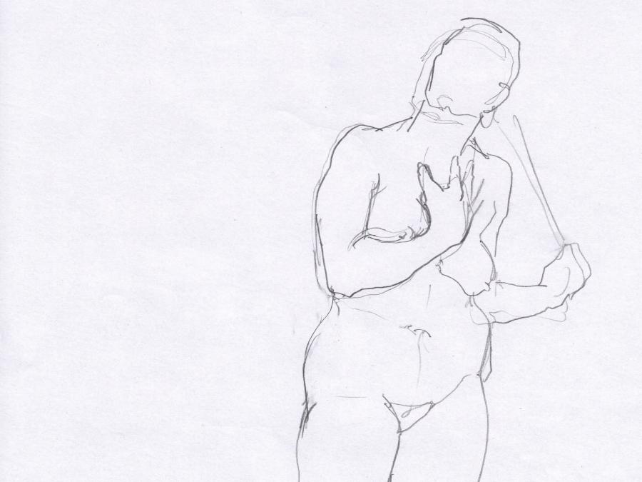 En krokiteckning föreställande en naken kvinna.