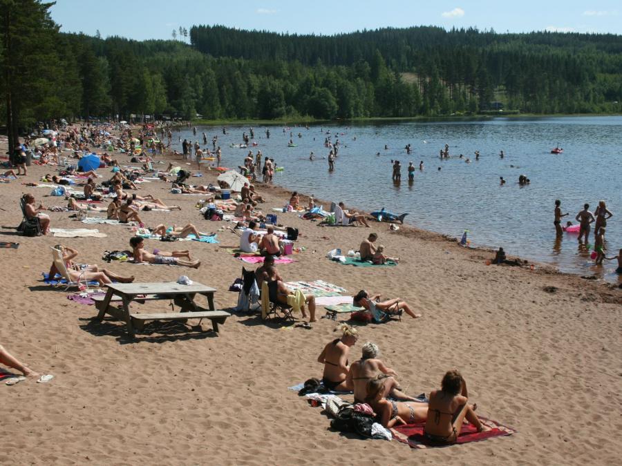 People sunbathing and swimming on a sandy beach.