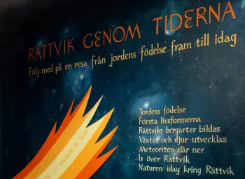 Informationsskylt med rubriken ”Rättvik genom tiderna” på stjärnhimmelbakgrund och en stiliserad meteor..