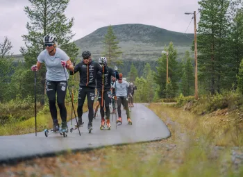 Rullskidåkare på en asfalterad bana, träd och en fjälltopp i bakgrunden.