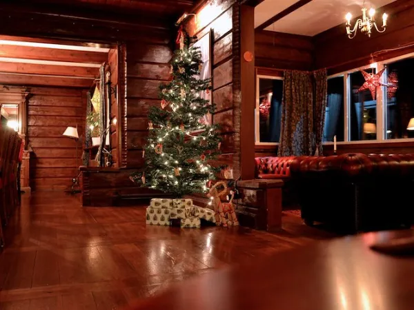 Uppklädd julgran i lobby.