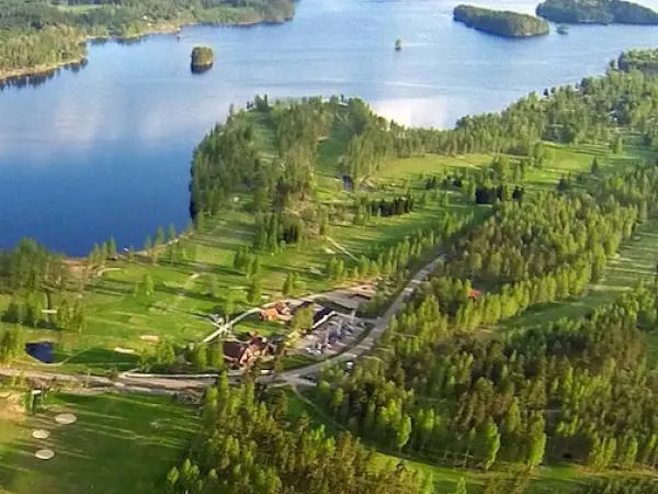 View over forest and lake.