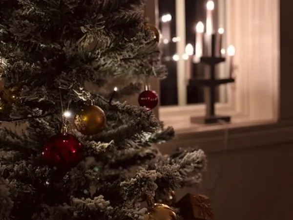 Fint pyntad julgran och en adventsstake i fönstret bredvid.