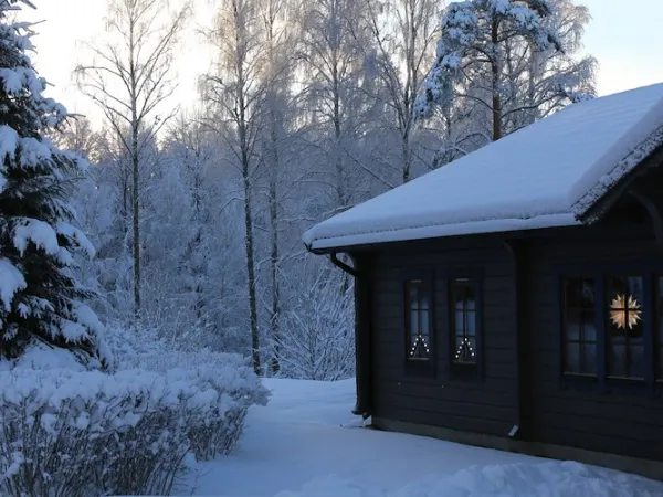 Stuga med snö på taket och snötäckta träd omkring.
