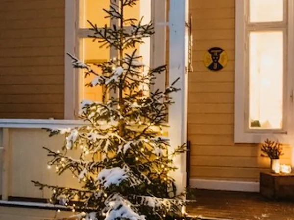 Julgran framför ett hus. 
