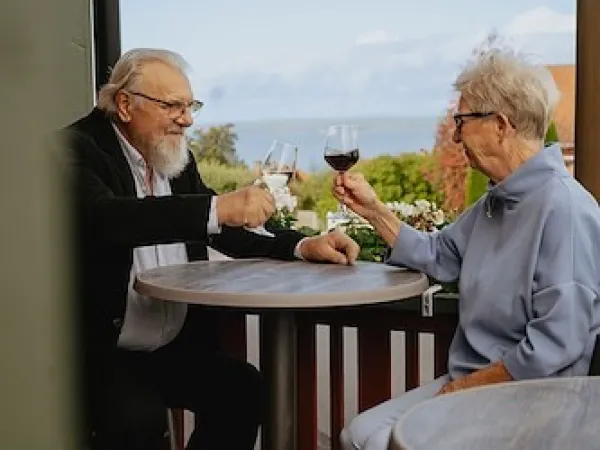 Older couple on the balcony with a glass of wine.