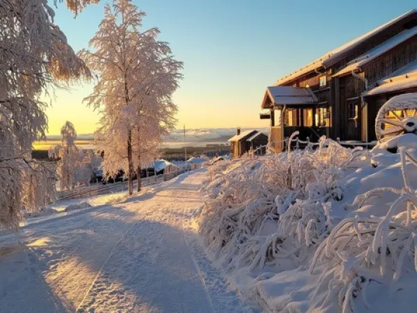 En klar vinterdag med utsikt över fäboden. 