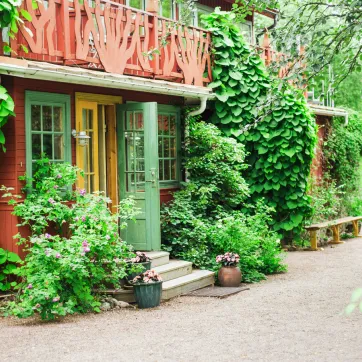 Ett rött gammalt Dalahus med grönskande trädgård.