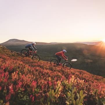 Two persons biking in mountain environment. 