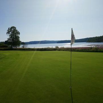 Vy över solig golfgreen, en flagga och sjö i bakgrunden.