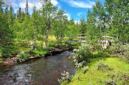 En å, grönska på båda sidor, en bro över ån.