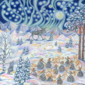 Teckning med kvinnor som dansar i skogen.