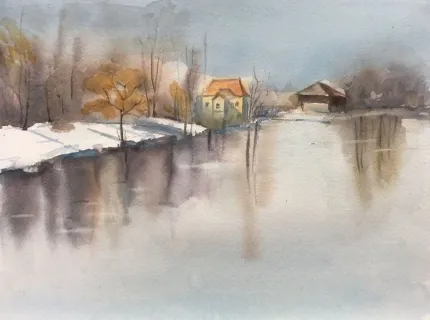 Målning med snö is och en gul byggnad.